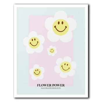 Laimingas Hipių Art Print | Gėlių 70 hipių 60s plakatas abstraktaus meno kūrinį, smiley veido, pastelinės rožinės spalvos darželio menas spausdinti plakato retro